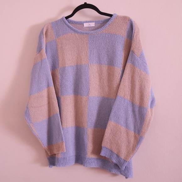 Egg Blue and Tan Checkered Sweater M/L Made in Korea - Picture 3 of 5
